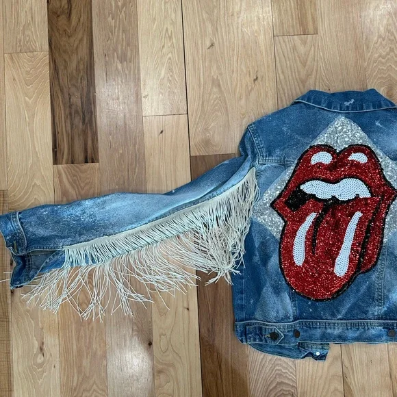 Custom Rolling Stones distressed denim jacket with fringe - Small - Picture 3 of 10